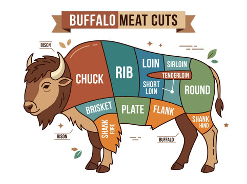 Diagram illustrating various cuts of buffalo meat with labels indicating specific anatomical sections and their corresponding meat types