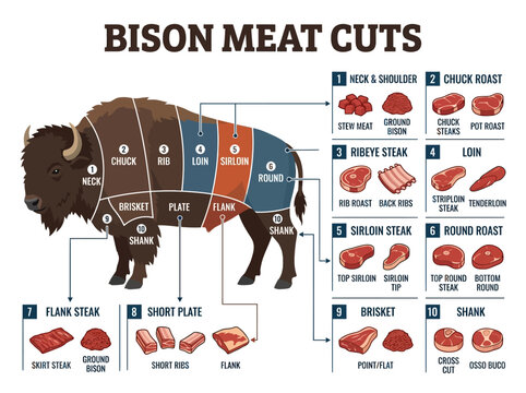 A detailed illustration showcasing various cuts of bison meat with labels and corresponding anatomical positions