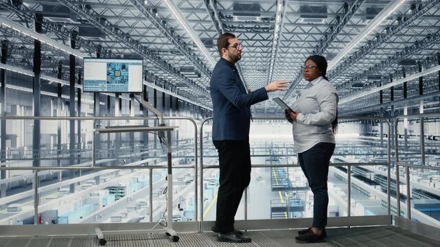 Man and coworker in microchip smart factory developing advanced electronics automation process. Teamworking colleagues using simulation software to optimize semiconductor design flow, camera A
