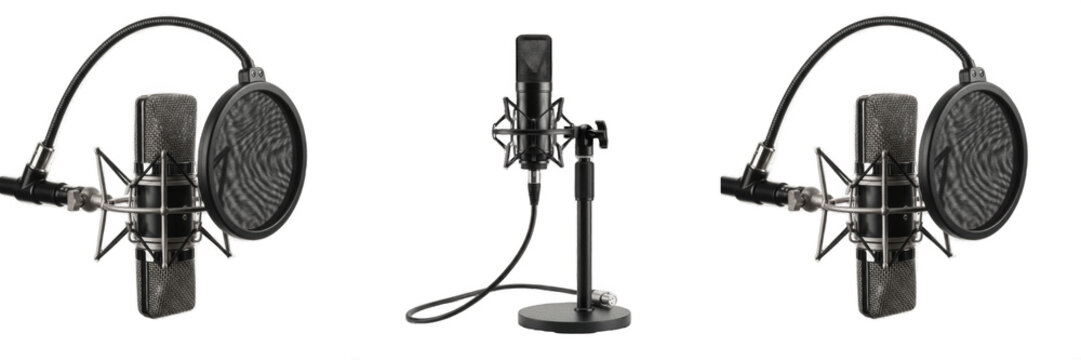 Professional Podcast Microphone Gear - Studio Condenser Mic with Shock Mount and Pop Shield for Vocal Recording, Radio Broadcast, and High-Fidelity Audio Production Assets