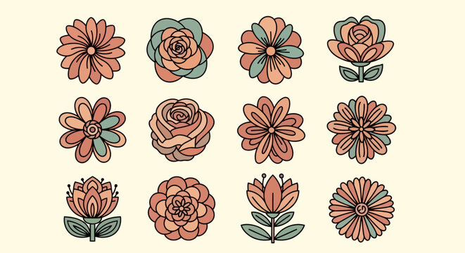 A distinctive vector set of 12 floral doodles with thick black outlines and flat vibrant colors. Designed with originality in mind, avoiding generic flower shapes and creating a fresh visual identity.