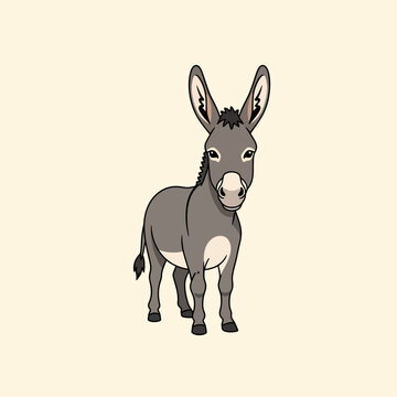 Minimalist vector illustration of a friendly grey donkey farm animal standing on a solid light cream background, featuring large upright ears, a white muzzle, and a black mane and tail.