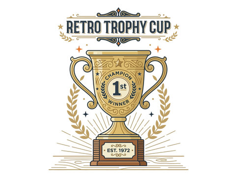 Retro trophy cup award icon celebrating a champion winner and vintage est 1972 with laurel wreath