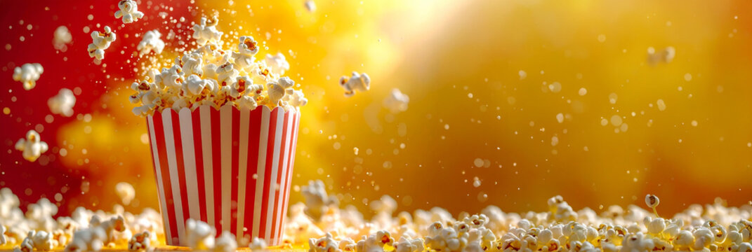 映画館やパーティーで弾けるポップコーンが赤白のカップからダイナミックに飛び出す様子