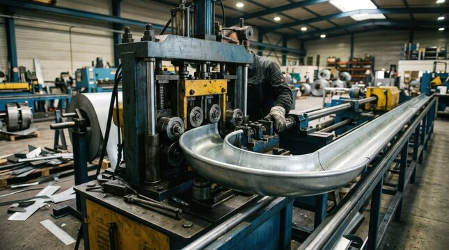 Medium shot capturing continuous halfround gutter being shaped by industrial machinery emphasizing the curved design and seamless metalwork.