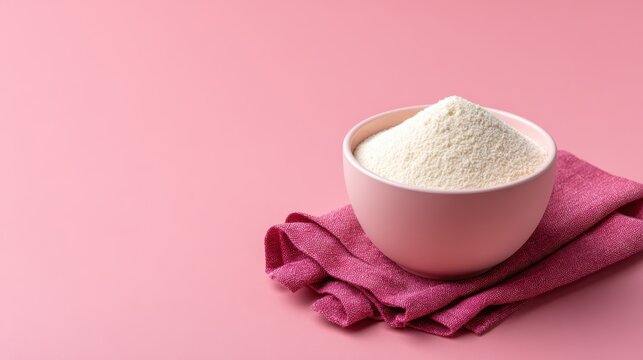 Colostrum milk powder in a pink bowl on a smooth pink backdrop