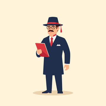 Vector illustration of a male school principal or dean with a mustache and glasses, wearing a dark blue academic robe-style suit, red tie, and a matching hat with a tassel, holding a red folder.