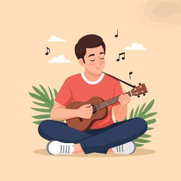 Vector illustration of a young man sitting cross-legged while playing a brown ukulele with closed eyes, featuring musical notes, tropical palm leaves, and clouds on a beige background.