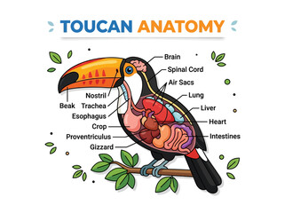 Fototapeta premium Detailed illustration of toucan anatomy, highlighting internal organs and skeletal structure on a branch