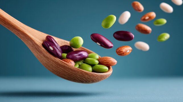 Wooden spoon with mixed beans and legumes scattering on a blue background