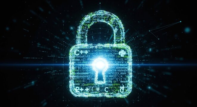 Digital Padlock Icon with Code and Network Lines Illustrating Cybersecurity