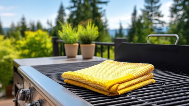 Clean barbecue equipment with a yellow cloth on the grill grate ready for use
