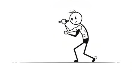 Fototapeta premium Determined Stick Figure Flexing Bulging Biceps, Exaggerated Muscles in a Minimal Workout Background