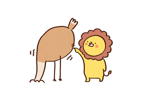 Ostrich burying its head in the sand to hide from a laughing lion, avoiding reality and ostrich effect concept