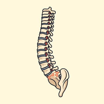 Medical illustration of a human spine depicting ankylosing spondylitis with fused vertebrae, bamboo spine syndrome, and inflammation at the sacroiliac joint and spinal discs.