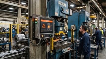 Fototapeta premium Medium shot focusing on an alert notification system triggered by IoT sensors detecting potential wear issues on stamping presses in a manufacturing environment.