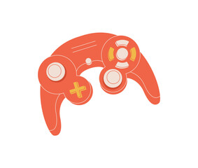 Retro gamepad patch in flat cartoon graphic style. Joystick controller and badge for video game or console with playful, modern look. Videogame accessory in bright orange, ideal for cartoon and game © Olga Teplova