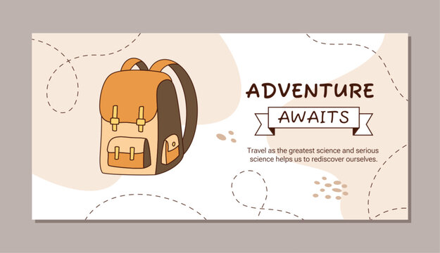 Colorful adventure backpack doodle on horizontal background. Travel bag as camp trip concept and tourist expedition awaits in brown graphic style for holiday, journey or equipment idea.