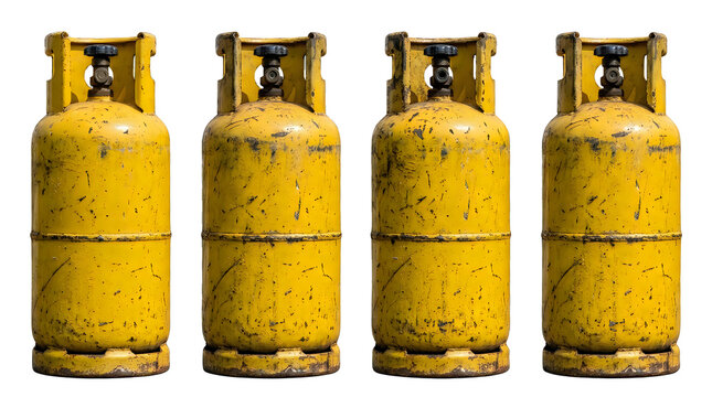 Row of yellow propane gas cylinders with worn texture and metallic details isolated on transparent background for industrial energy and home cooking fuel needs in modern production line environment.