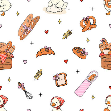 Cute Bakery Doodle Seamless Pattern with Bread, Croissant and Goose Illustration