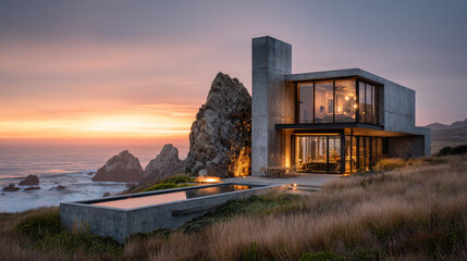 A photo of an ultra-modern, rectilinear architectural house. The building is constructed from massive. © csp_17