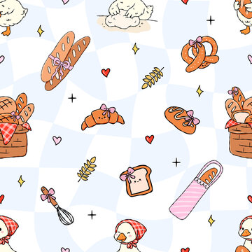 Cute Bakery Doodle Seamless Pattern with Bread, Croissant and Goose Illustration