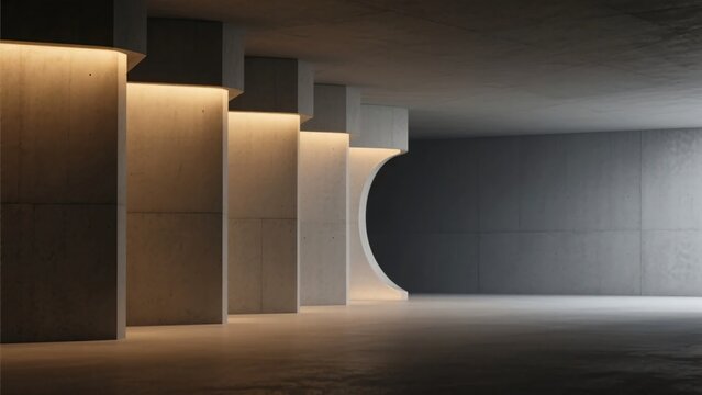 間接照明により暖かみのある光で照らされたコンクリートの柱とアーチ型の開口部、建築イメージ素材