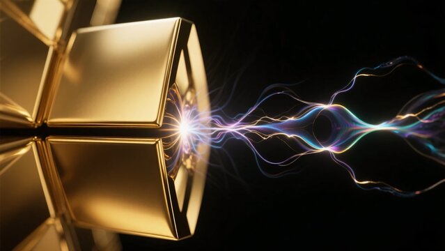 黒い表面に反射する金色のブロックの間を通る虹色に発光する波打つ光、データ通信イメージ素材