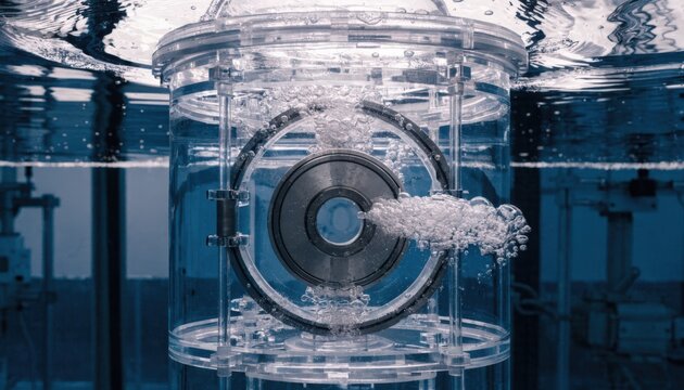 Medium shot of a sealed bearing undergoing airunderwater leak testing bubbles rising to reveal exact leak points with clear pressurized rig setup in an industrial lab environment.