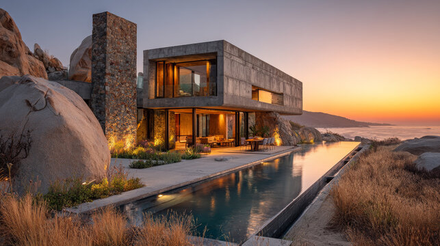 A photo of an ultra-modern, rectilinear architectural house. The building is constructed from massive.