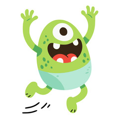 Fototapeta premium cute green monster jumping character flat color vector illustration template design