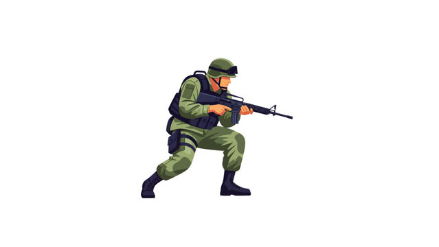 Soldier in green uniform holding rifle.