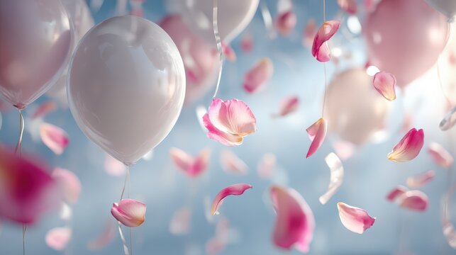 Balloons float softly in the air with rose petals falling gently around them in bright light