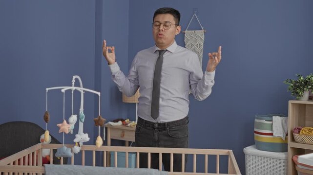 Man with hands together in prayer beside baby crib in nursery building, seen in frames showing raised hands then hand to chest in sequence; quiet concern.