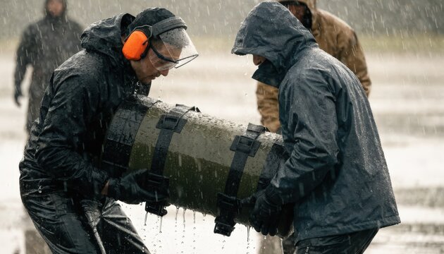 Medium shot capturing workers testing weighted inert training ordnance for realistic handling and balance during tactical drills.