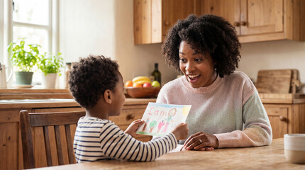 Fototapeta premium Mother's Day card giving moment with son presenting handmade gift to mom showing appreciation joy for lifestyle magazine editorial photography