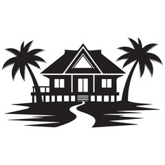 Obraz premium Tropical beach hut silhouette with palm trees and winding path bungalow dwelling tropical vacation