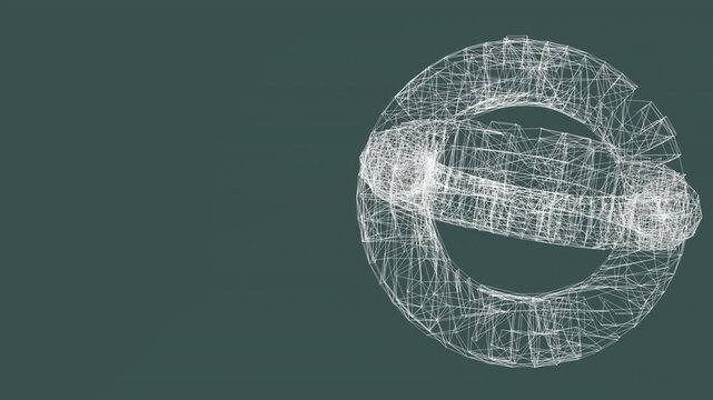 Abstract white wireframe rings rotating against a clean slate background. Includes ample copy space on the left, ideal for corporate tech presentations and science projects.