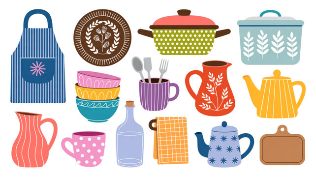 Colorful assortment of kitchen utensils and tools displayed together Vector