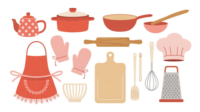 Colorful assortment of kitchen utensils and tools displayed together Vector