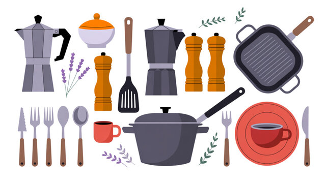 Colorful assortment of kitchen utensils and tools displayed together Vector
