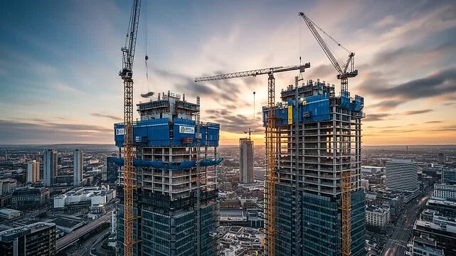 Construction of two tall buildings with cranes at sunset in a generic urban area