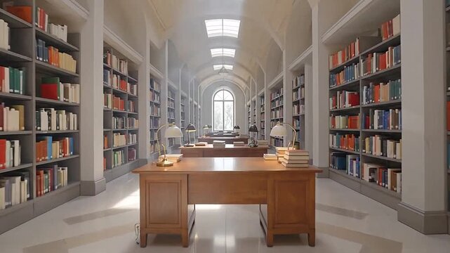 A long hallway in a large building with many bookshelves and a desk in the center of the room