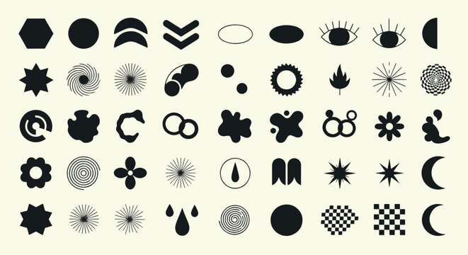 Abstract minimalist geometric shapes celestial symbols organic blobs and decorative graphic elements for modern branding and creative pattern design vector illustration set