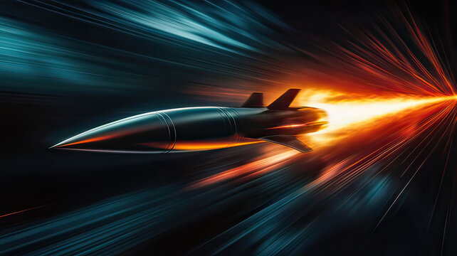 Next generation hypersonic aircraft flying at Mach speed above high altitude clouds on dark background
