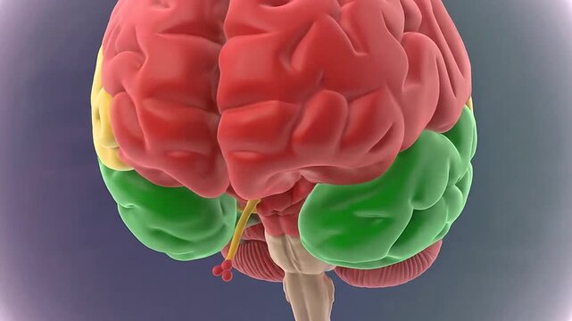 A colorful and detailed illustration of a generic human brain model inside a transparent sphere