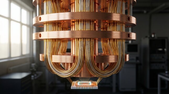 Advanced quantum computer hardware with its intricate dilution refrigerator and glowing processing unit represents the cutting edge of scientific and technological innovation.