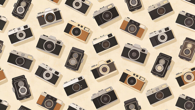 A vintage collection of diverse cameras arranged on a textured background, celebrating photography.