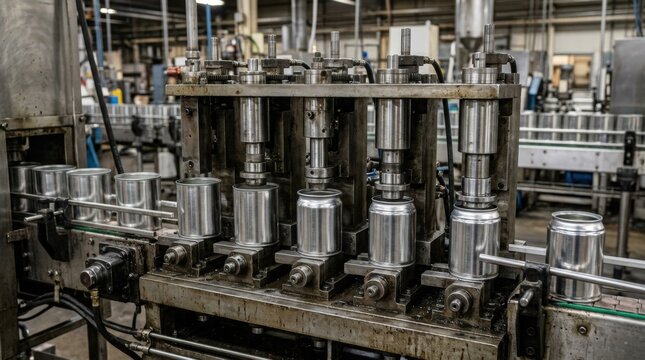 Medium shot of a multistage necker machine progressively reducing can top diameter with precise metal flanging for enhanced seaming strength in food packaging.