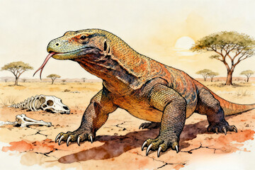 Obraz premium Large reptile standing on dry ground with skeleton nearby in savannah